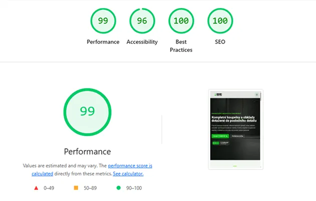 Výsledky rychlosti a přístupnosti webu